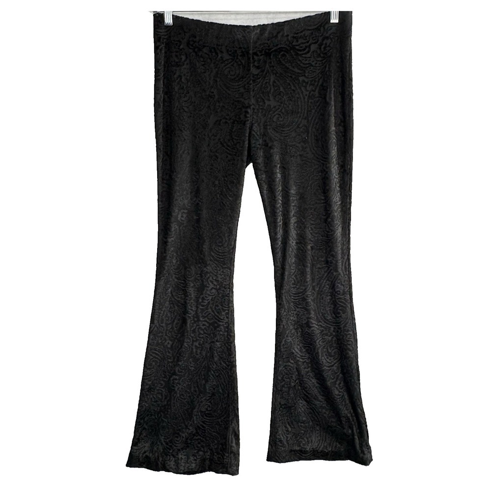 FREE PEOPLE Women Velvet Textured Sheer Bell Bottom Pants Sz M Black 67-17